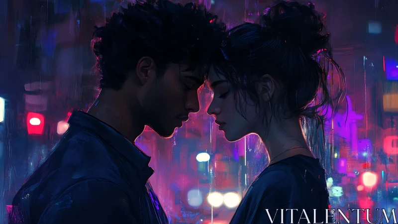 Neon city rain cradles two lovers in a quiet, tender pause