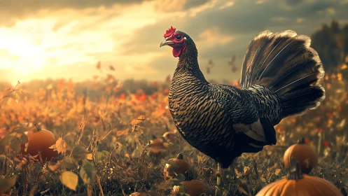 Wild turkey rooster stands in autumn field at golden hour