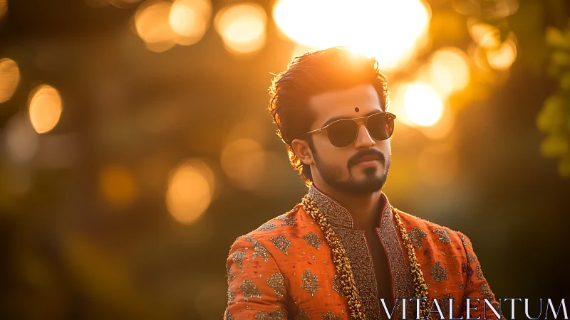 Sunlit groom strides through bokeh-drenched evening glow