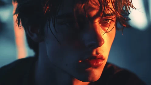 Oblique close-up portrait using dual warm–cool cinematic lighting