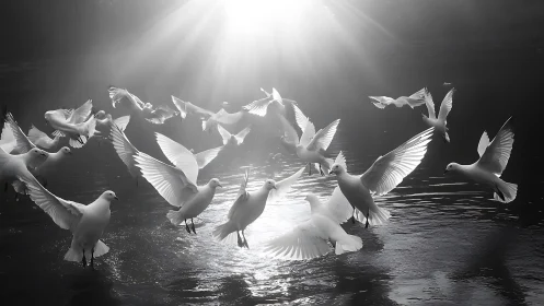 Flock of White Doves in Flight Over Water, Dramatic Black and White.