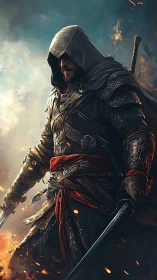 Hooded warrior assassin with twin blades in stormfire sky.