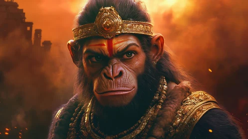 Regal monkey warrior in ornate gold armor against firelit sky.