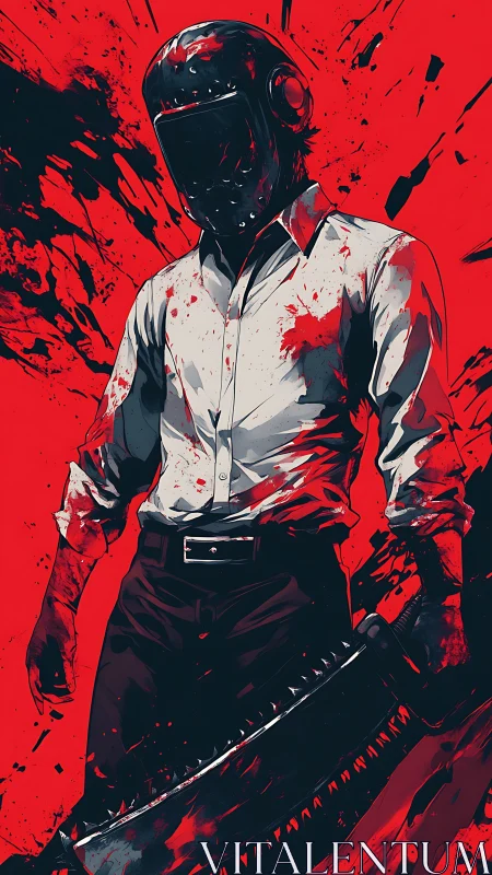 Masked figure stands bold in red, gripping a massive blade