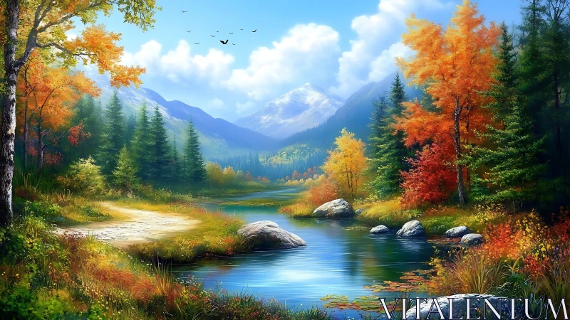 High-saturation autumn river valley with conifer forest and peaks