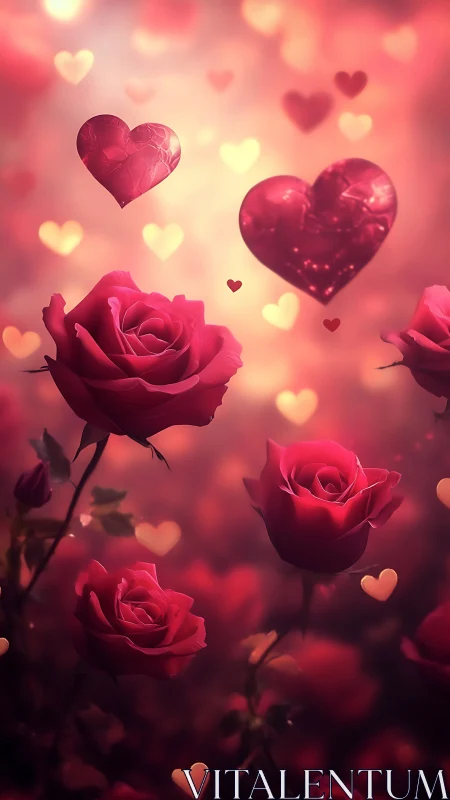 Romantic floral dreamscape with floating hearts and roses