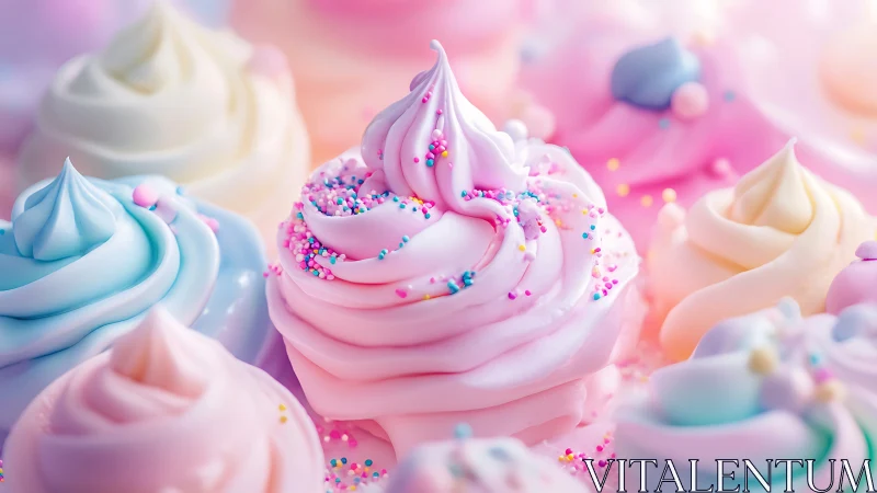 Pastel Dreams: Swirling Frosting Peaks Crowned in Colorful Candy Shimmer