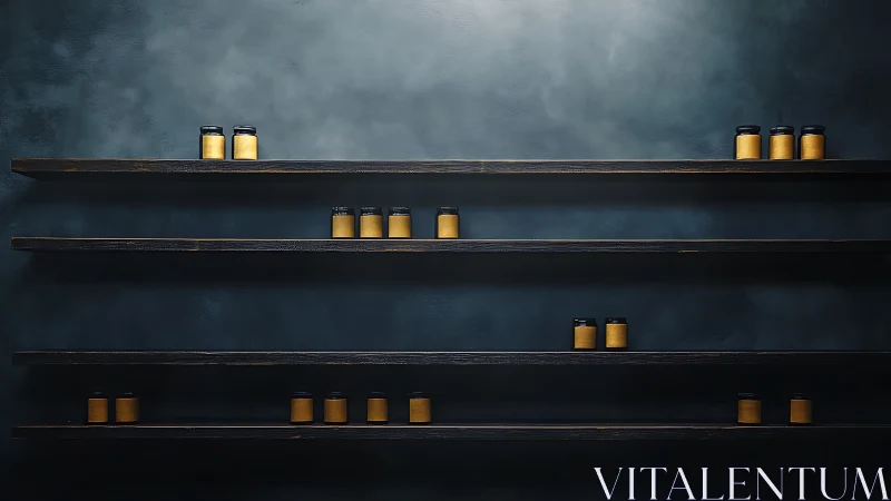 Minimalist dark wood shelves with evenly spaced amber jars