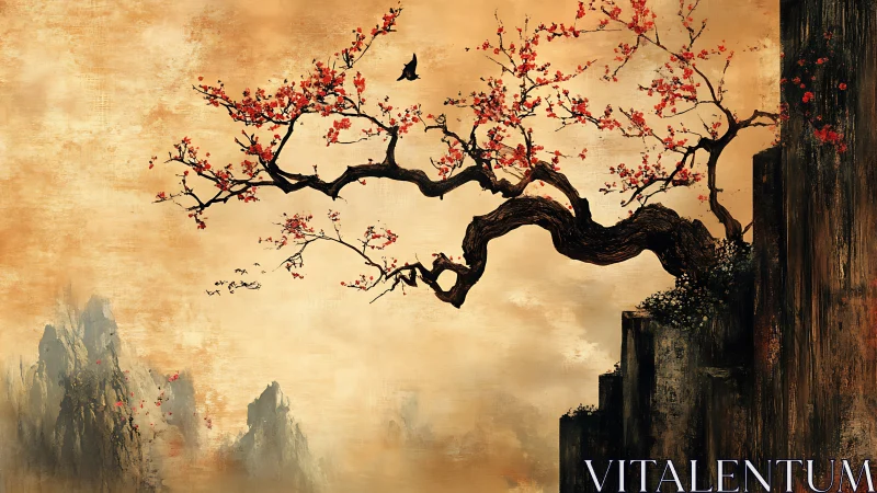 Elegant cherry blossom branch over misty cliffs in Asian ink style.