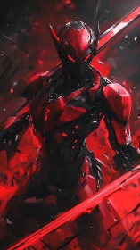 Cybernetic red warrior stands amid molten neon vortex