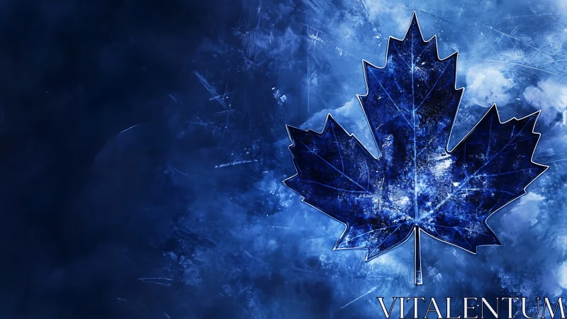 Celestial blue maple leaf shimmering in an abstract frostscape.