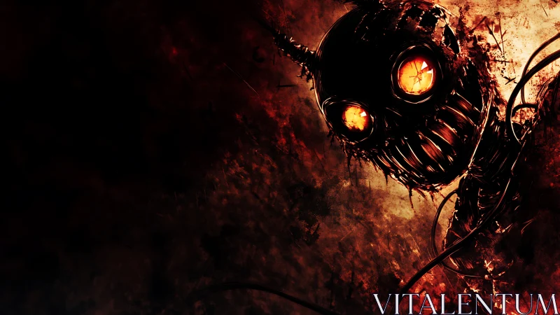 Mechanical figure with glowing eyes in dark red void.