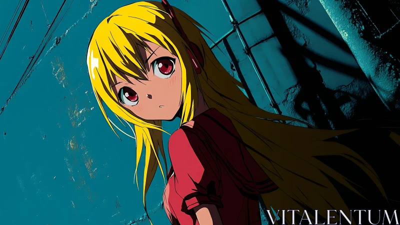 Blonde anime girl under urban night shadows.