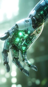Cyborg hand reveals luminous circuit core in soft bokeh glow