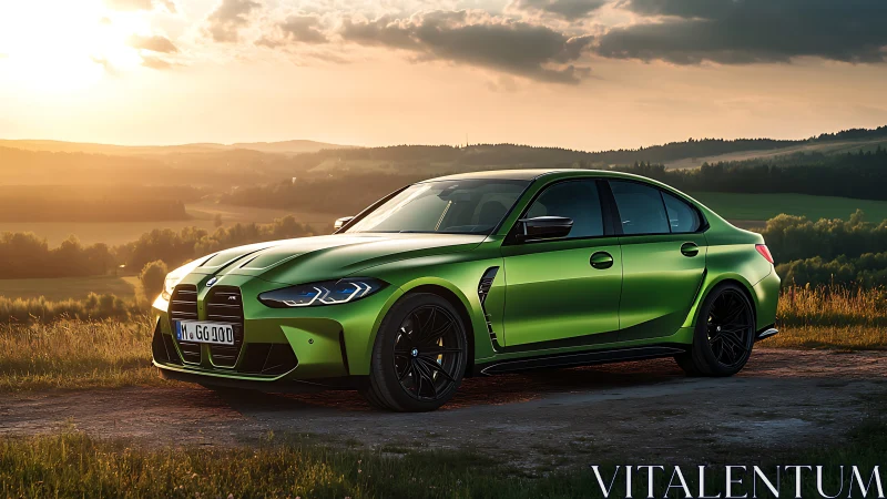 Sunlit performance sedan in metallic green rural deployment.