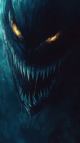 Demonic shadow creature reveals jagged fanged grin in mist