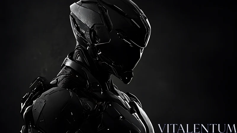 Stealth combat exosuit rendered with high-gloss black armor and hard rim lighting