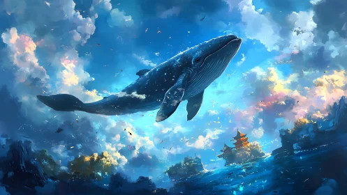 Majestic blue whale drifting above luminous ocean temples.
