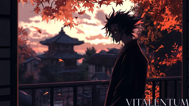 Melancholic anime figure on balcony at autumn sunset.