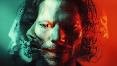 Triple exposure portrait shows split face under dual lighting