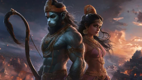 Divine warrior duo blaze against a storm of burning skies.