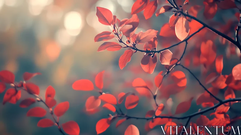 Autumn Branch with Red Leaves in Soft Focus Nature Photography.