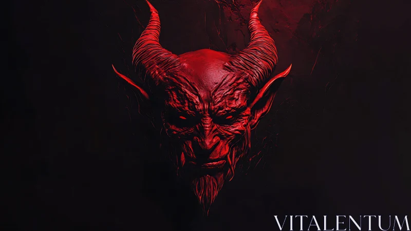 Red horned demonic head emerging from dark void background.
