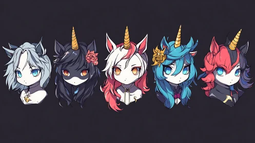 Chibi unicorn girls lineup with bold multicolor hairstyles.
