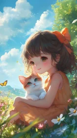 Sunlit girl with kitten in floral meadow, soft anime style.