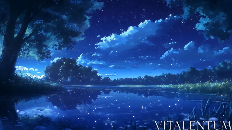 Nocturnal riverside landscape renders luminous reflected starlight