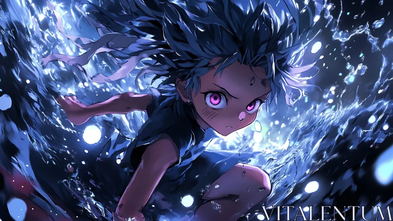 Dynamic anime child submerged in high-contrast luminous splash field