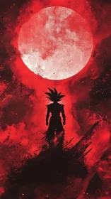 Saiyan silhouette under blood moon amid scarlet storm.