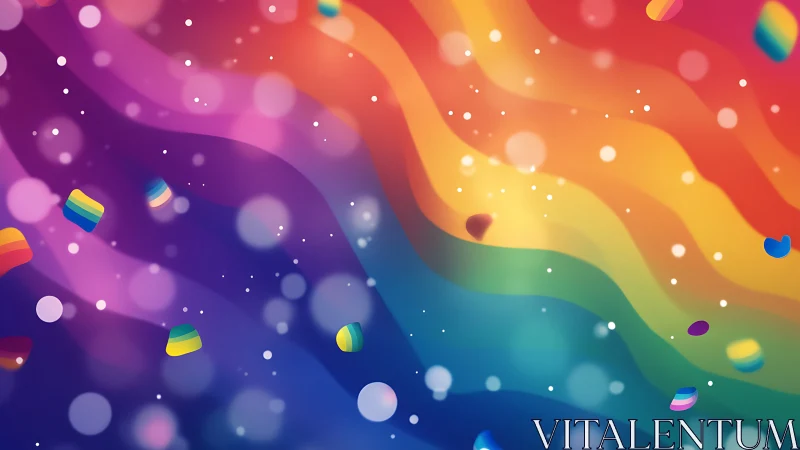 Joyful rainbow waves dance across a bright confetti sky