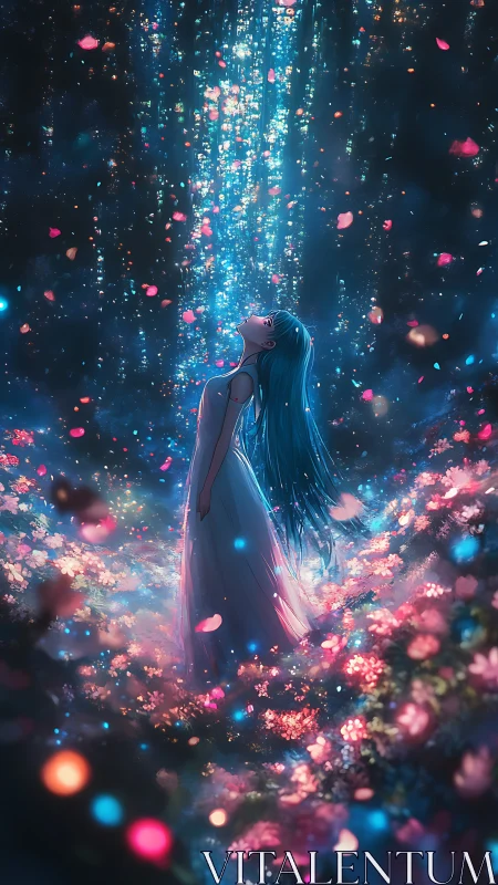 Anime nocturnal bloom with luminous particle cascade composition.