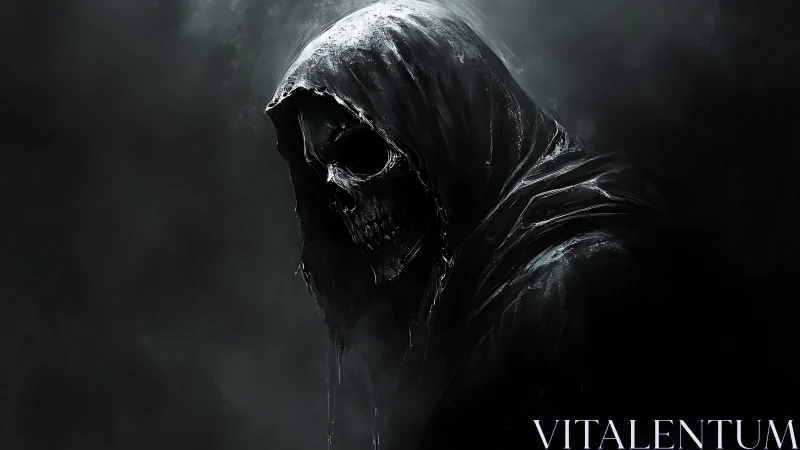 Skull-faced entity in hooded cloak rendered with high-contrast chiaroscuro