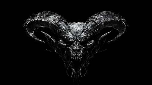 High-contrast demonic ram skull rendered in monochrome chiaroscuro