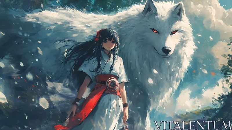 Girl and white wolf walking through glowing forest light.