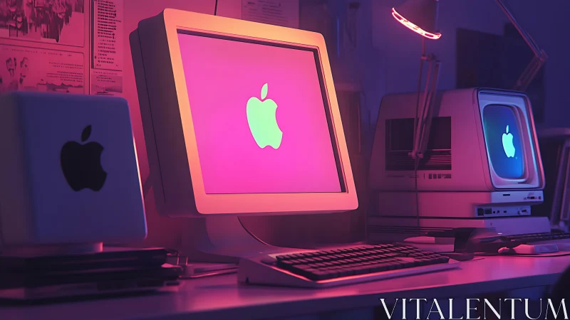 Retro Apple desktops glow under neon studio lighting