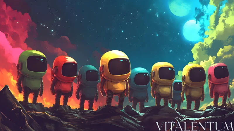 Colorful astronauts survey alien ridgeline under twin moons.