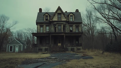 Two story abandoned house sits in overgrown rural lot