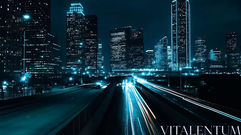 Long exposure records illuminated highway beneath dense skyline