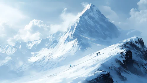 Towering alpine summit with distant winter mountaineers.