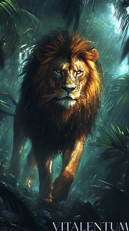 Rain‑forged jungle lion striding through emerald storm.