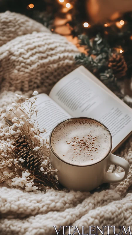 Cozy latte, open book and knit blanket in warm bokeh light
