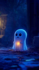 Shy little ghost clutches a warm lantern on a moonlit path