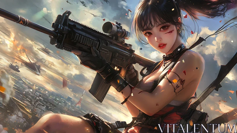 Anime sniper girl dominates burning futuristic skyline
