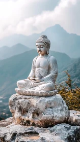 Serene stone Buddha statue on mountain rock with misty ridges