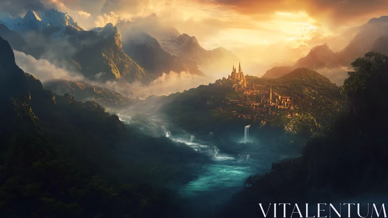 Sun-drenched citadel leans over a river of enchanted light