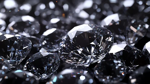 Cut diamonds clustered in closeup on reflective surface.