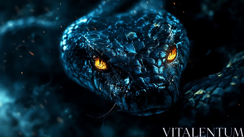 Ember-eyed serpent drifting through midnight frostfire gaze.